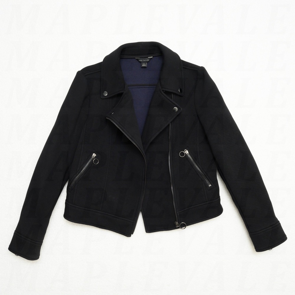 Ann Taylor Women's Sz 8 Black Twill Moto Jacket Silver Zip Pockets Biker Coat